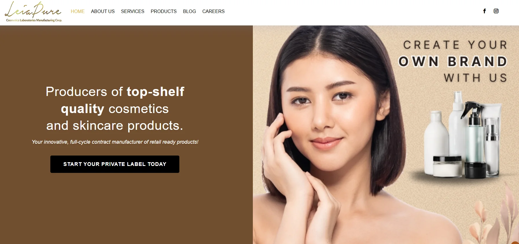 Cosmetics and skincare product branding message with various bottles and containers on display.